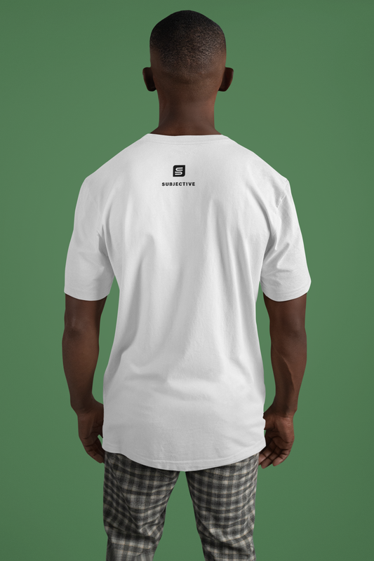 Man wearing a white t-shirt Living 'SUBJECTIVE' . Back view