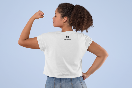 Woman wearing white Subjective Crop Top. Front View . Living Subjective