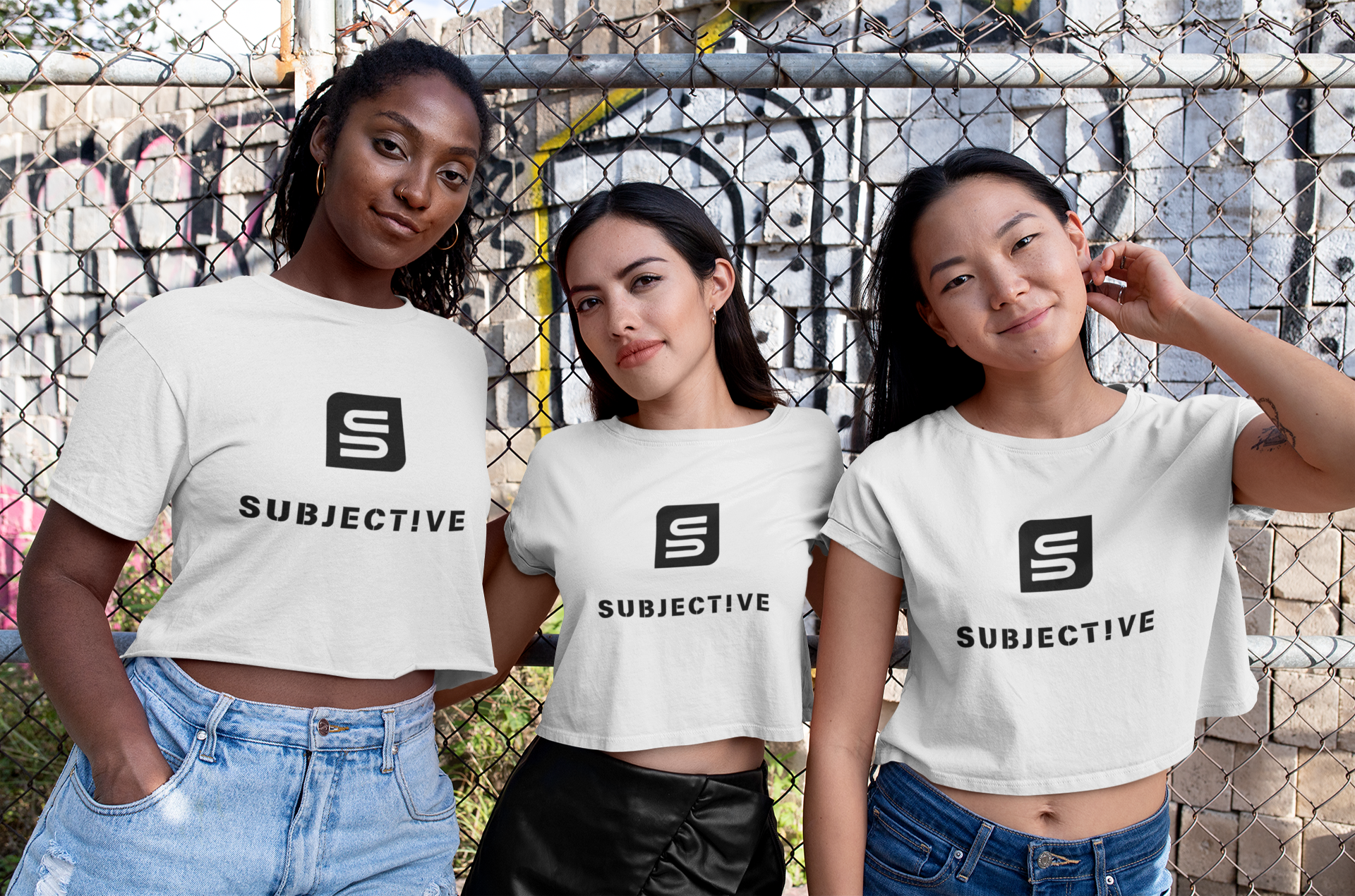 Three women wearing white Subjective Crop Tops. Front View
 